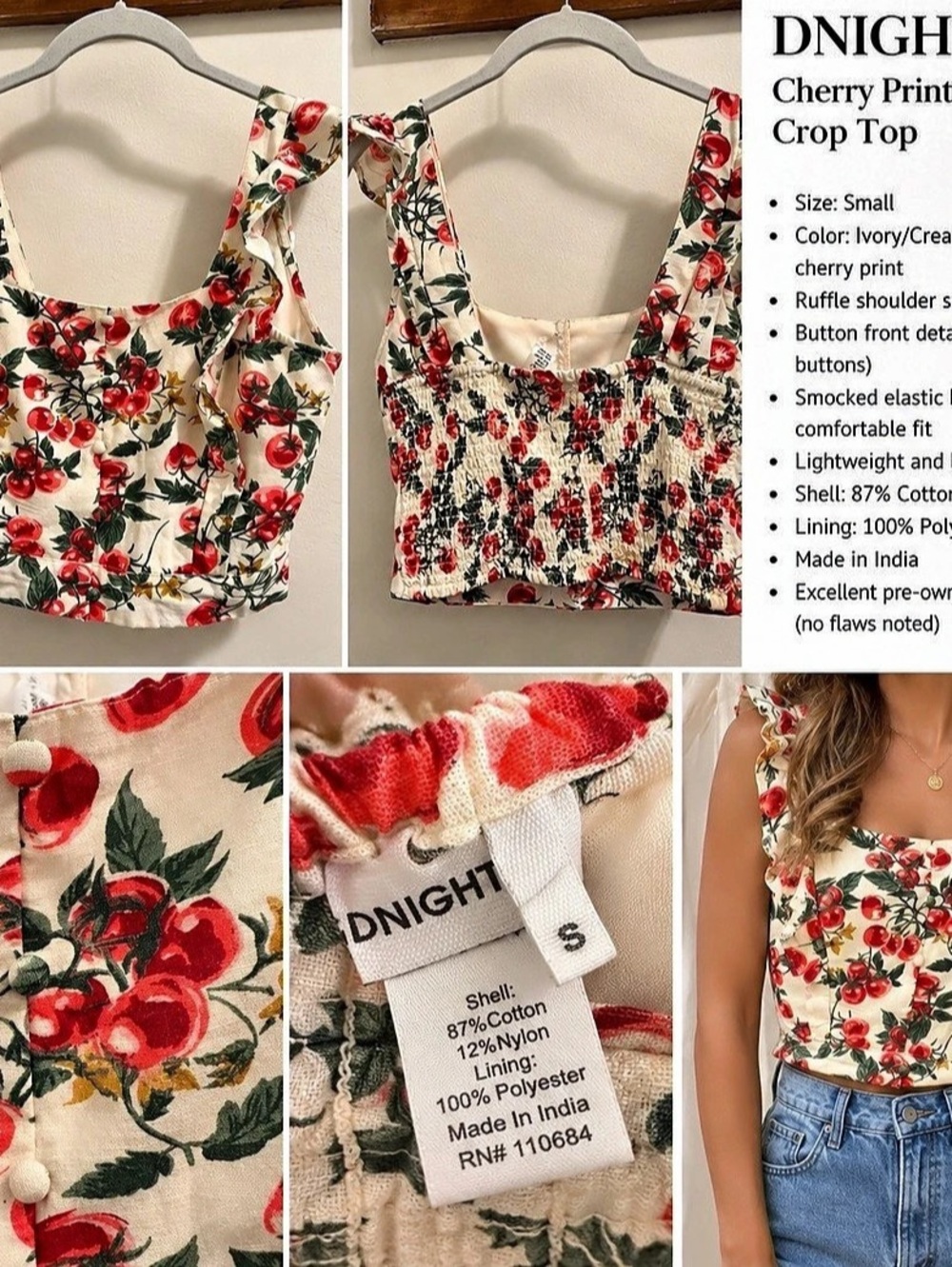 DNIGHT Cherry Print Ruffle Crop Top Floral Ruffle Crop Top in Cream & Red Size